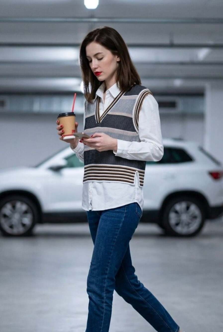 Adrianna Papell Striped Knit Sweater Vest and Button-Up Shirt Top size S